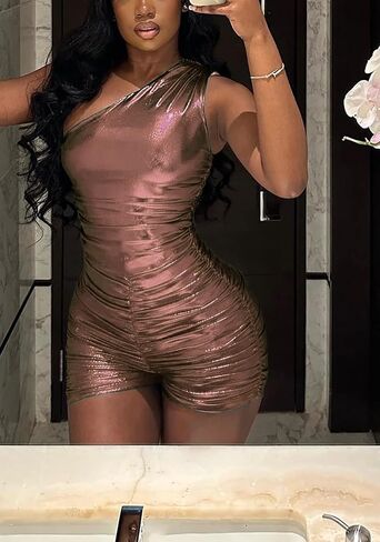 Women's Sexy Metallic Shiny One Shoulder Sleeveless Ruched Bodycon Shorts One Piece Jumpsuit Rompers in Saudi Arabia