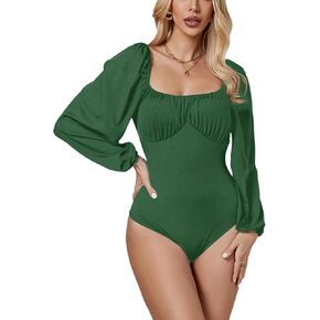 LYANER Women's Square Neck Lantern Long Sleeve Ribbed Bodycon Tops Bodysuit Jumpsuit