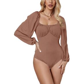 LYANER Women's Square Neck Lantern Long Sleeve Ribbed Bodycon Tops Bodysuit Jumpsuit