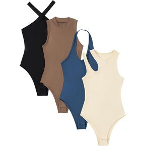 GORGLITTER Women's 4 Pieces Ribbed Knit Bodysuit Sleeveless Cutout Crisscross Halter Leotard Top