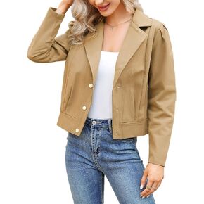 KOJOOIN Women's Denim Jackets Cropped Blazer Puff Long Sleeve Casual Coat Notch Lapel Jean Coats