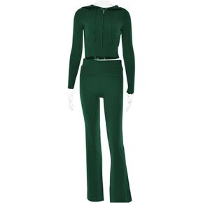 Lizxun Women Ribbed Knit 2 Piece Outfits Long Sleeve Zipper-Up Slim Fit Hooded Crop Top Elastic Long Pants Set Y2K Tracksuits