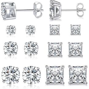 Created Diamond Stud Earrings Set 3/5/7mm Princess & Round Cubic Zirconia Earring Hypoallergenic Jewelry for Women Men 6 Pairs in Saudi Arabia