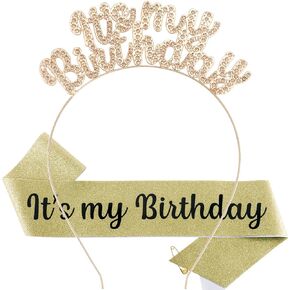 Birthday Crown for Girls, Cute Birthday Sash & Birthday Tiara for Women Set, Sweet Birthday Headband Birthday Decorations It's My Birthday Headband Birthday Gifts for Women (Champagne)