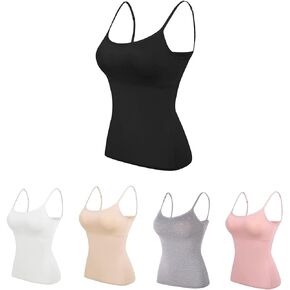 Women’s Adjustable Camisoles with Built in Bra,Stretch Cotton Tank Top Spaghetti Strap Scoop Neck Layer Cami