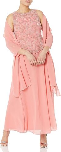J Kara Women's Petite Long Beaded V Trim Detail Gown with Scarf in Saudi Arabia