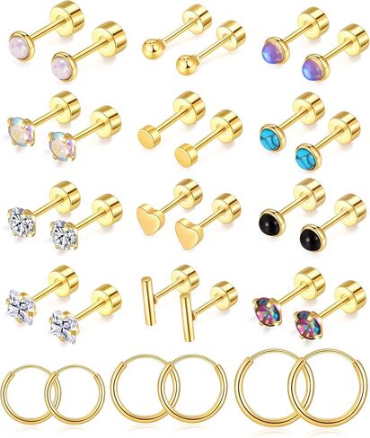 PLOMFOV Small Earrings Studs Stainless Steel Stud Earrings Set for Women Men CZ Heart Opal Moonstone Flat Back Earrings Studs 20G Cartilage Hoop Earrings Hypoallergenic for Sensitive Ears in Kuwait