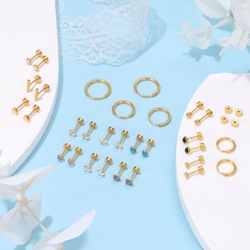 PLOMFOV Small Earrings Studs Stainless Steel Stud Earrings Set for Women Men CZ Heart Opal Moonstone Flat Back Earrings Studs 20G Cartilage Hoop Earrings Hypoallergenic for Sensitive Ears in Kuwait