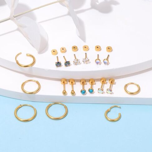 PLOMFOV Small Earrings Studs Stainless Steel Stud Earrings Set for Women Men CZ Heart Opal Moonstone Flat Back Earrings Studs 20G Cartilage Hoop Earrings Hypoallergenic for Sensitive Ears in Kuwait