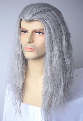 شعر مستعار رمادي للرجال، زي ويتشر، شعر مستعار صناعي مجعد لحفلات الهالوين (رمادي C) in Kuwait