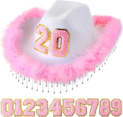 Toulite DIY Rhinestone Feather Boa Cowgirl Hat with 1 Yard Ribbon Tassel Chain Number Patches Set, Pink White Cowboy Hat Rhinestones Fringe Trim 0-9 Adhesive Chenille Patch for Women Birthday Wedding in Saudi Arabia