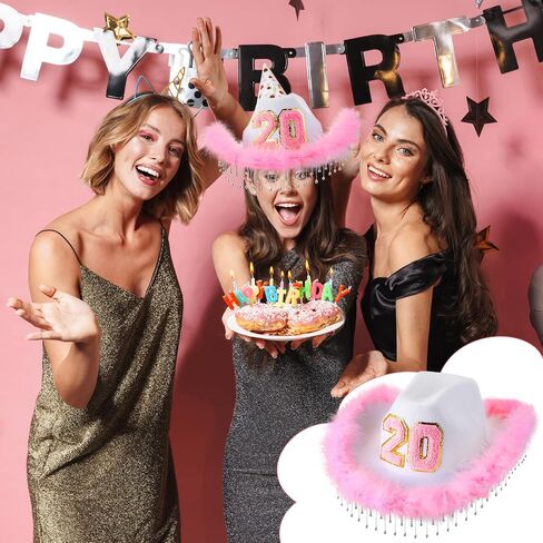 Toulite DIY Rhinestone Feather Boa Cowgirl Hat with 1 Yard Ribbon Tassel Chain Number Patches Set, Pink White Cowboy Hat Rhinestones Fringe Trim 0-9 Adhesive Chenille Patch for Women Birthday Wedding in Saudi Arabia