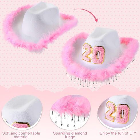 Toulite DIY Rhinestone Feather Boa Cowgirl Hat with 1 Yard Ribbon Tassel Chain Number Patches Set, Pink White Cowboy Hat Rhinestones Fringe Trim 0-9 Adhesive Chenille Patch for Women Birthday Wedding in Saudi Arabia