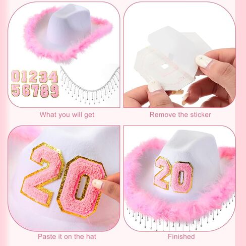 Toulite DIY Rhinestone Feather Boa Cowgirl Hat with 1 Yard Ribbon Tassel Chain Number Patches Set, Pink White Cowboy Hat Rhinestones Fringe Trim 0-9 Adhesive Chenille Patch for Women Birthday Wedding in Saudi Arabia
