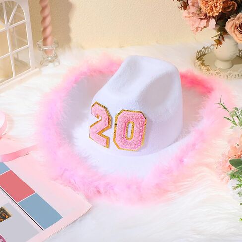 Toulite DIY Rhinestone Feather Boa Cowgirl Hat with 1 Yard Ribbon Tassel Chain Number Patches Set, Pink White Cowboy Hat Rhinestones Fringe Trim 0-9 Adhesive Chenille Patch for Women Birthday Wedding in Saudi Arabia