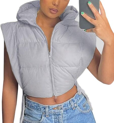 سترة منتفخة للنساء من KANSOON مع غطاء للرأس بدون أكمام وسحاب ومبطن منتفخ وسترات شتوية دافئة in Kuwait