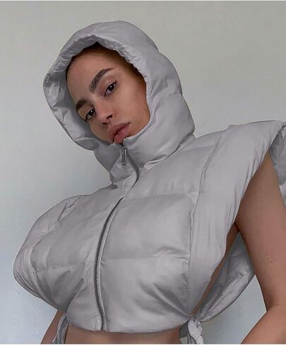 سترة منتفخة للنساء من KANSOON مع غطاء للرأس بدون أكمام وسحاب ومبطن منتفخ وسترات شتوية دافئة in Kuwait