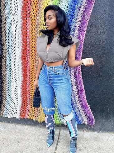 سترة منتفخة للنساء من KANSOON مع غطاء للرأس بدون أكمام وسحاب ومبطن منتفخ وسترات شتوية دافئة in Kuwait