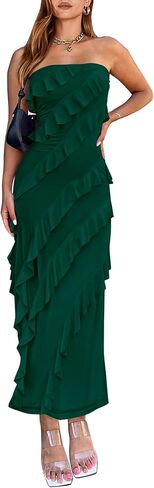 BTFBM Women Summer Elegant Strapless Midi Ruched Bodycon Dress Solid Color Stretch Mesh Slim Party Cocktail Dresses in Saudi Arabia