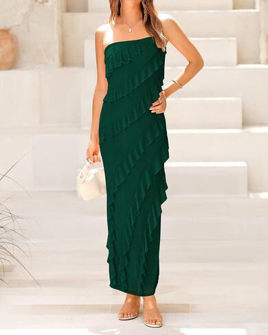 BTFBM Women Summer Elegant Strapless Midi Ruched Bodycon Dress Solid Color Stretch Mesh Slim Party Cocktail Dresses in Saudi Arabia