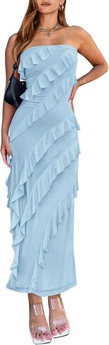 BTFBM Women Summer Elegant Strapless Midi Ruched Bodycon Dress Solid Color Stretch Mesh Slim Party Cocktail Dresses in Saudi Arabia