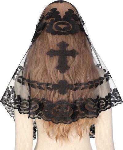 Bozidol Cross Religious Lace Veil- Catholic Embroidered Cross and Shell Creative Design Religious Ladies Prayer Lace Veil in Kuwait