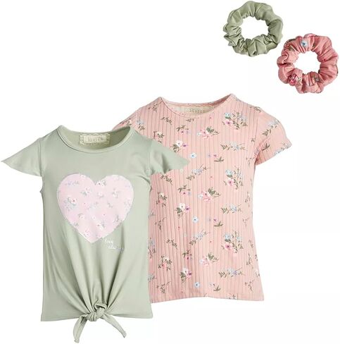 BTween Little Girls High Low Tie Front Top with Heart Motif and GWP Scrunchie Size 4, Pack of 2 Green, Green, 4 Years in Kuwait