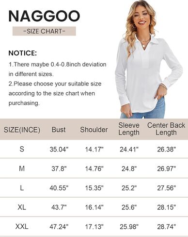 Naggoo Womens Long Sleeve Tops V Neck Polo Shirts Casual Dressy Work Blouse Tunic Tops in Kuwait