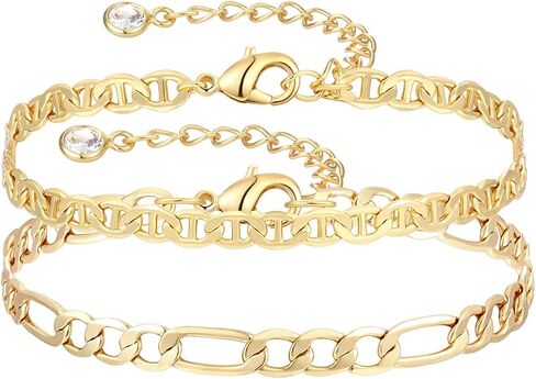 Dainty Layered Gold Chain Bracelet for Women 14K Gold Plated Handmade Adjustable Bracelet Satellite Beads Oval Mariner Figaro Link Chain Bracelets Minimalist Layering Stacking Jewelry Gift for Women in Saudi Arabia
