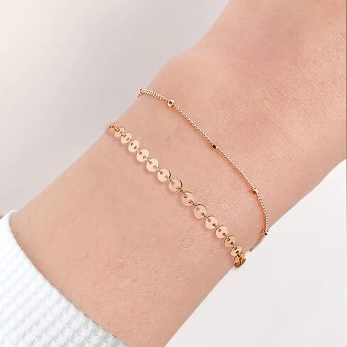 Dainty Layered Gold Chain Bracelet for Women 14K Gold Plated Handmade Adjustable Bracelet Satellite Beads Oval Mariner Figaro Link Chain Bracelets Minimalist Layering Stacking Jewelry Gift for Women in Saudi Arabia