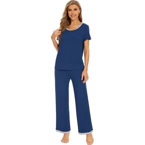 WiWi Womens Short Sleeve Pajama Sets Bamboo Viscose Sleepwear Ladies Soft Loungewear Set Pjs with Pockets S-XXL