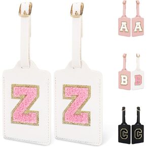 2 Pack Initial Letter Luggage Tag K for Suitcases TSA Approved, PU Leather Personalized Luggage Tags with Privacy Cover Name Card, White Cute Monogrammed Luggage Baggage Tags for Women Kids(Letter K)
