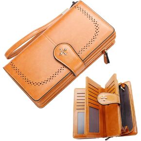 Womens Wallet Large Capacity RFID Blocking Long Leather Wristlet Wallet Credit Card Holder Wallet Clutch Wallet for Ladies (Brown)