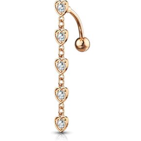 Amelia Fashion 14GA 5 Crystal Set Center Hearts Dangle Top Drop Belly Button Navel Ring 316L Surgical Steel (Choose Color)