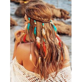 GORTIN Boho Feather Headband Hippie Headpiece White Gypsy Costume Headband Indian Hair Band Festival Headdress Bohemian Feather Hair Accessory for Women and Girls (A-Blue+Red) in Kuwait