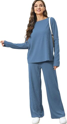 طقم بدلة رياضية نسائية من Xaspee مكون من قطعتين بأرجل واسعة وأكمام واسعة وسروال علوي وسروال منسوج ملابس مريحة in Saudi Arabia
