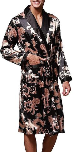 VERNASSA Mens Satin Robe Silk Long Sleeve Kimono Bathrobe Sleepwear Loungewear in Saudi Arabia