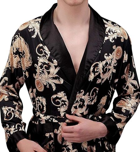 VERNASSA Mens Satin Robe Silk Long Sleeve Kimono Bathrobe Sleepwear Loungewear in Saudi Arabia