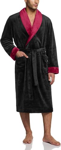 رداء CQR للرجال بياقة ناعمة من الصوف، رداء نوم على شكل شال، رداء حمام طويل مع جيوب أمامية in Kuwait