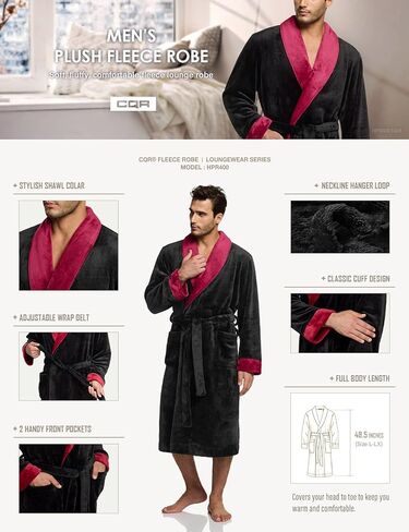 رداء CQR للرجال بياقة ناعمة من الصوف، رداء نوم على شكل شال، رداء حمام طويل مع جيوب أمامية in Kuwait