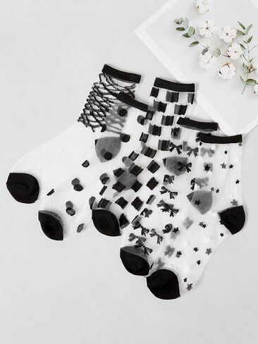 Verdusa Women's 5 Pairs Sheer Socks Mesh Crew Socks Transparent See Through Tulle Socks in Kuwait