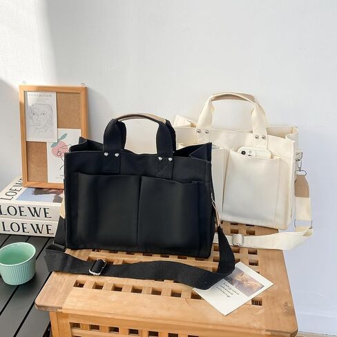 FOAPLE Large Canvas Tote Bag for Women Men Shoulder Bags Hobo Handbags with Multi-Pockets Casual Bag for School, Work in Kuwait