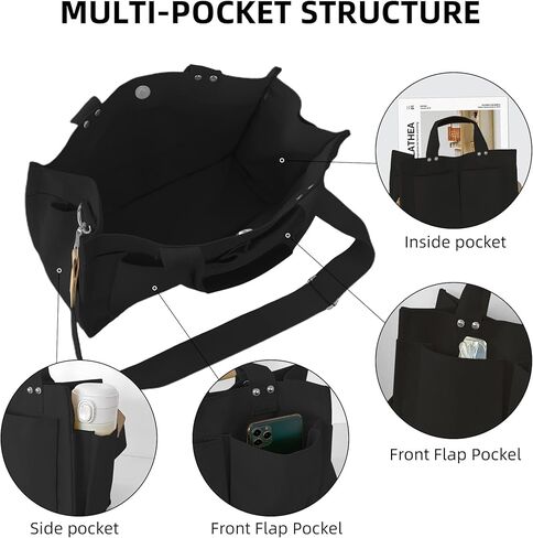 FOAPLE Large Canvas Tote Bag for Women Men Shoulder Bags Hobo Handbags with Multi-Pockets Casual Bag for School, Work in Kuwait