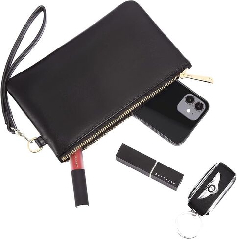 Premium Genuine Full Grain Leather Wristlet Pouch Zip Clutch Wallet w. Card Slots Phone Purse with Wrist Strap For Men Women (Black) in Saudi Arabia