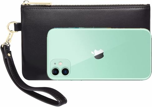 Premium Genuine Full Grain Leather Wristlet Pouch Zip Clutch Wallet w. Card Slots Phone Purse with Wrist Strap For Men Women (Black) in Saudi Arabia
