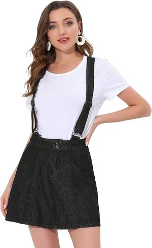 Allegra K Women's Denim A-Line Overall Adjustable Strap Braces Mini Suspender Skirt in Kuwait