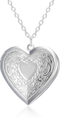 Love Heart Locket Necklace for Women Girls Gold Silver Plated Personalized Charm Hold Pictures Engraved Flowers I Love You Heart Shaped Chain Necklace for Birthday Anniversary Valentine's Day Jewelry Gifts in Saudi Arabia