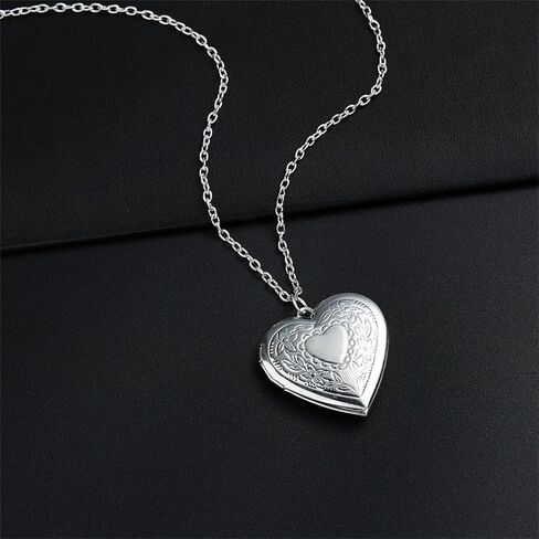 Love Heart Locket Necklace for Women Girls Gold Silver Plated Personalized Charm Hold Pictures Engraved Flowers I Love You Heart Shaped Chain Necklace for Birthday Anniversary Valentine's Day Jewelry Gifts in Saudi Arabia