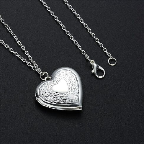 Love Heart Locket Necklace for Women Girls Gold Silver Plated Personalized Charm Hold Pictures Engraved Flowers I Love You Heart Shaped Chain Necklace for Birthday Anniversary Valentine's Day Jewelry Gifts in Saudi Arabia