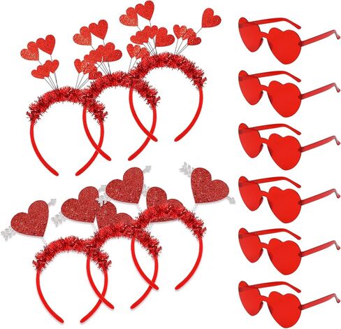 Whaline Valentine's Day Party Accessories 6Pcs Glitter Red Heart Bopper Headbands and 6 Pairs Heart Shape Eyeglasses Love Arrow Sparkling Hairband Transparent Eyewear for Wedding Party Favor Supplies in Saudi Arabia